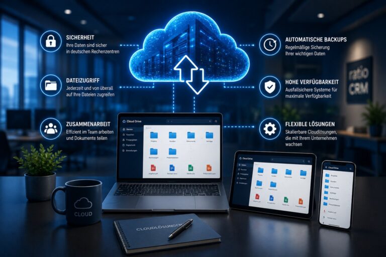 Cloud-Symbol über Laptop, Tablet und Smartphone mit gemeinsam genutzten Dateien