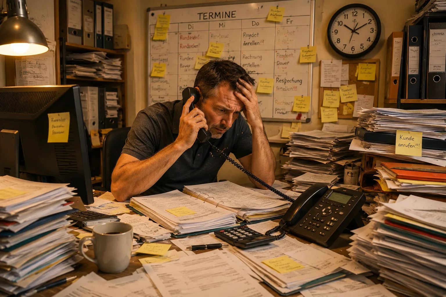 Unübersichtliche Kundenverwaltung mit Papier, Telefon und vielen manuellen Aufgaben.