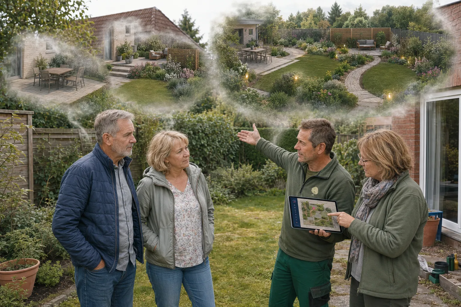 CRM Barmstedt: Ein Kundenpaar und zwei Gartenprofis entwickeln aus unterschiedlichen Vorstellungen einen gemeinsamen Gartenplan