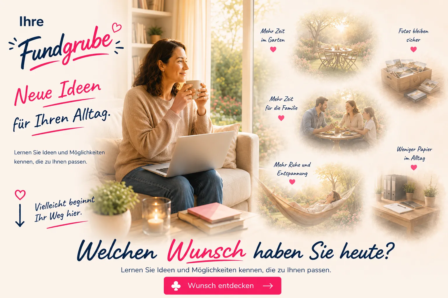Ihre Fundgrube mit neuen Ideen für den Alltag, einer Frau mit Laptop im Wohnzimmer und sanften Wunschbildern