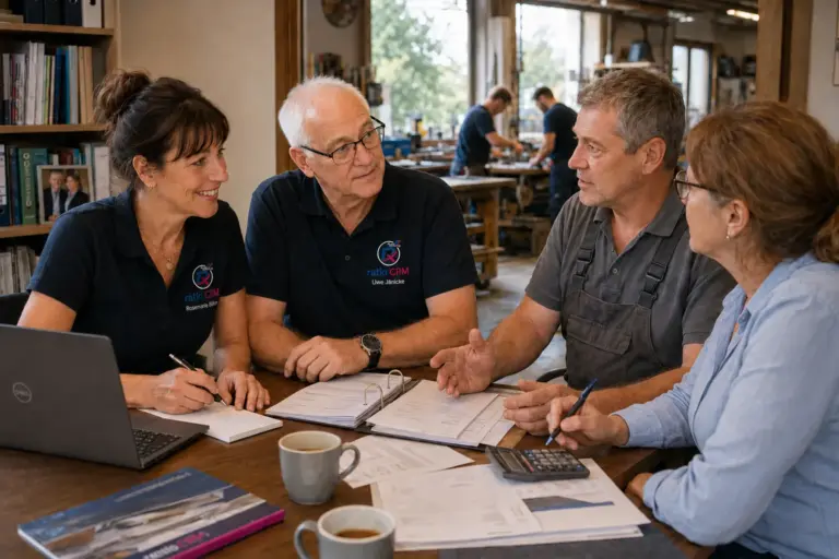 Uwe Jänicke und Rosemarie Böhm besprechen mit zwei Personen Unterlagen in einer Werkstatt.