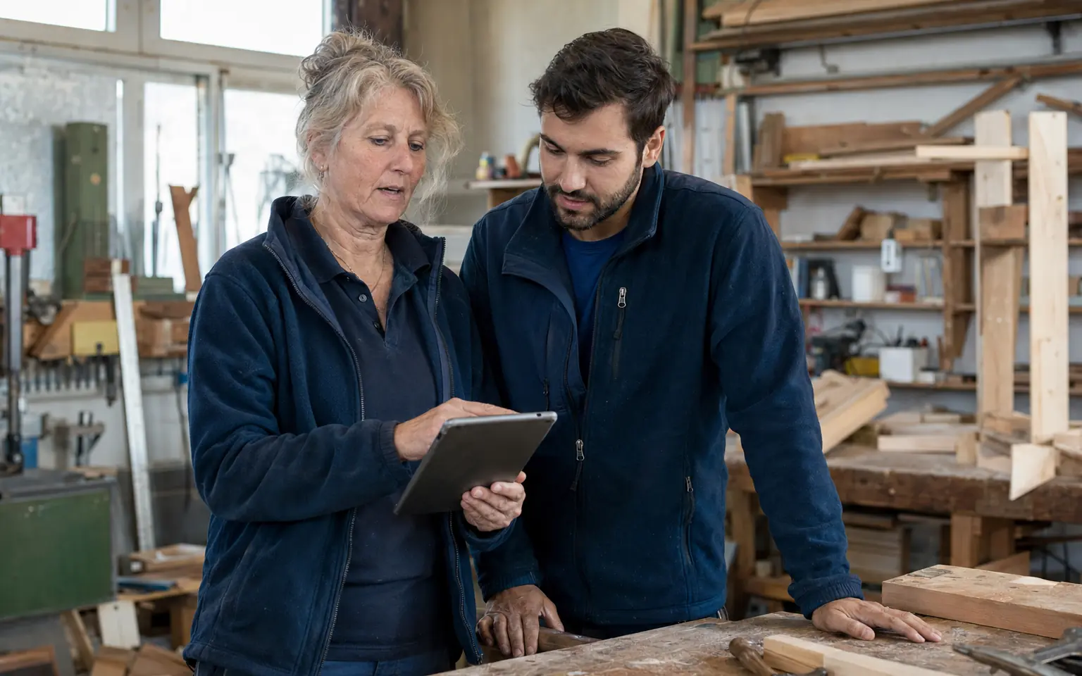 Erfahrene Handwerksmeisterin und jüngerer Mitarbeiter planen gemeinsam einen Auftrag am Tablet