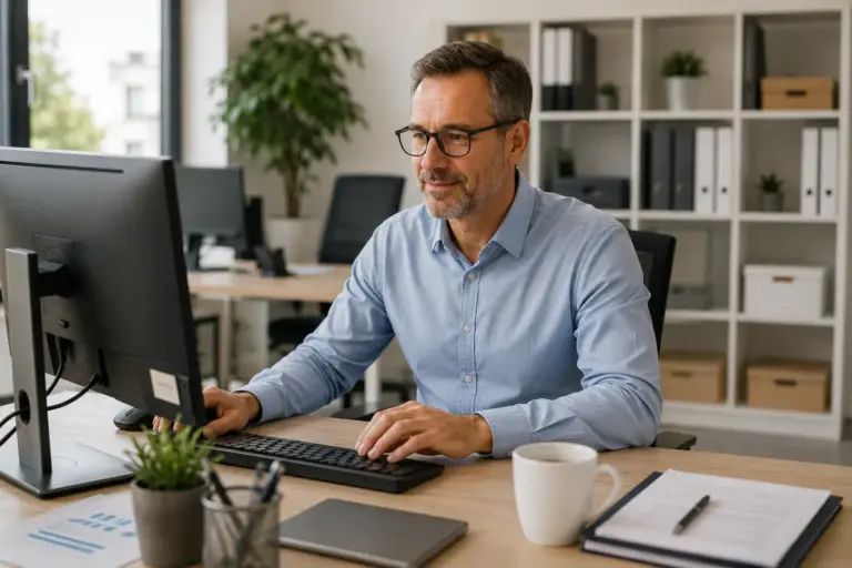 Mann mit Brille arbeitet an einem Computer in einem hellen Büro.