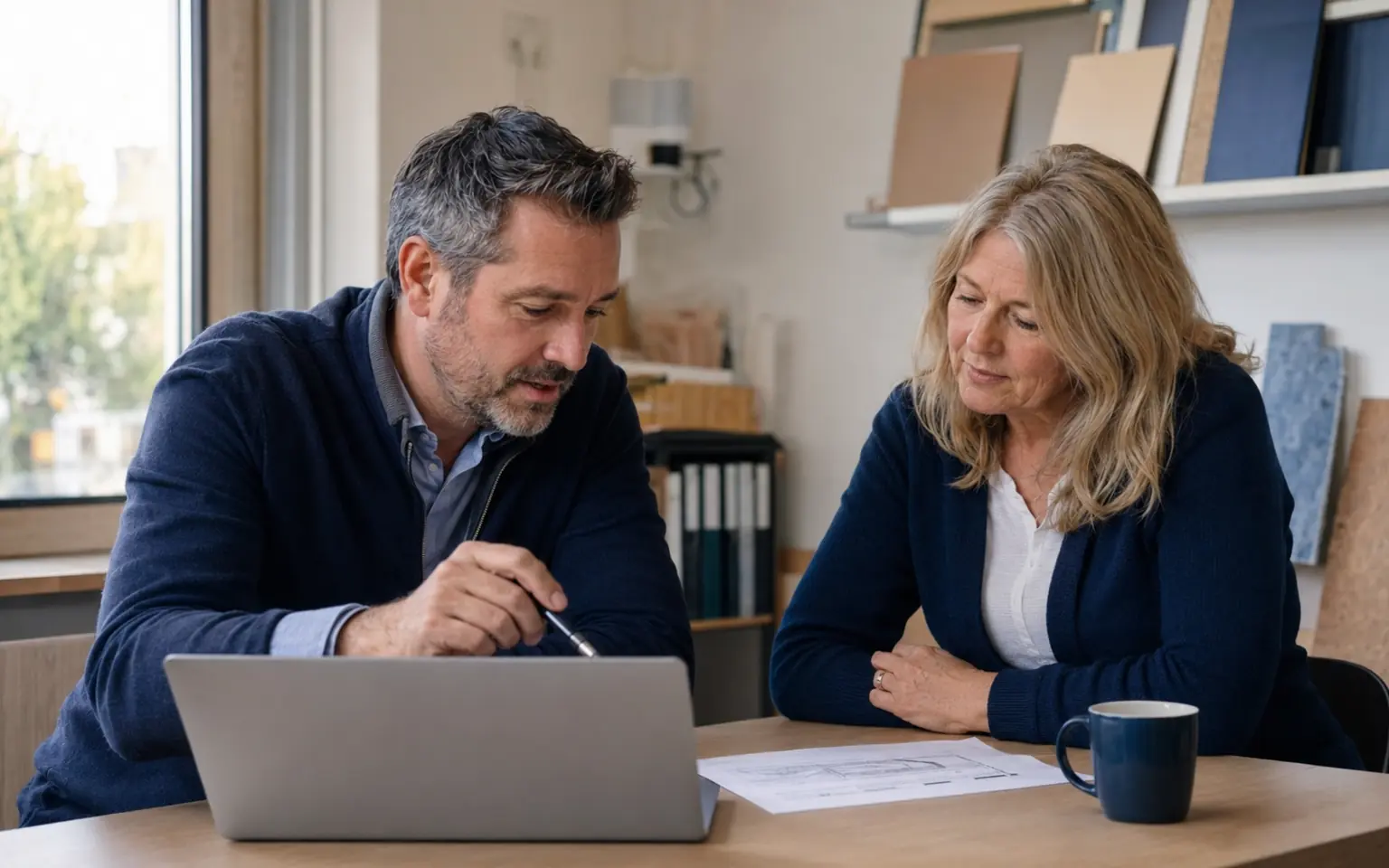 Dienstleister und Kundin besprechen persönlich ein Angebot am Laptop