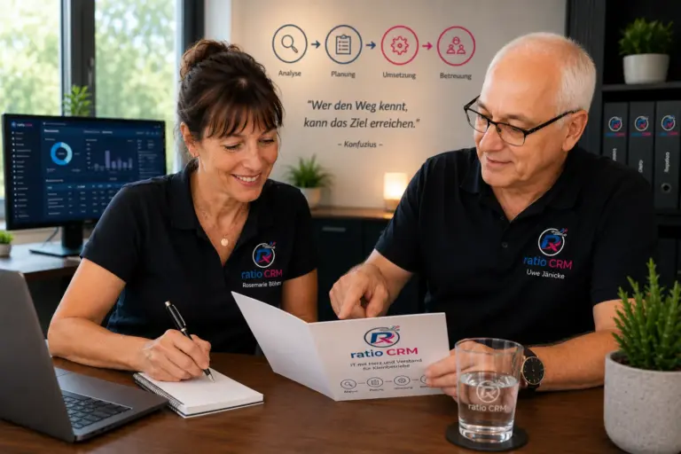 Uwe Jänicke und Rosemarie Böhm besprechen Unterlagen am Laptop.