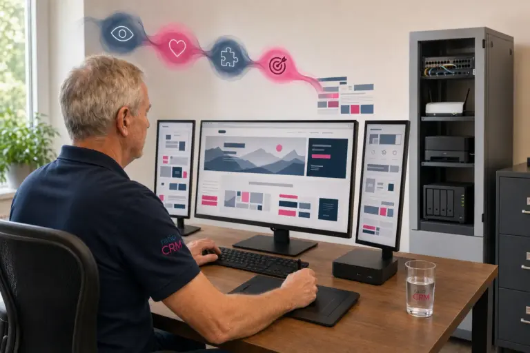 Uwe von ratio CRM plant an drei Bildschirmen eine zielgerichtete Website für kleine Unternehmen in Barmstedt.
