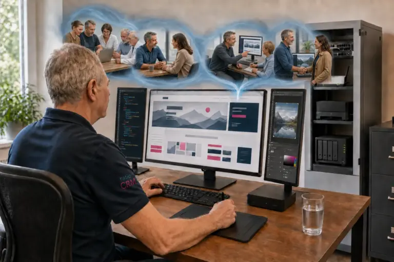 Symbolbild: Uwe Jänicke am Computer mit Website-Entwurf und eingeblendeten Beratungsszenen.