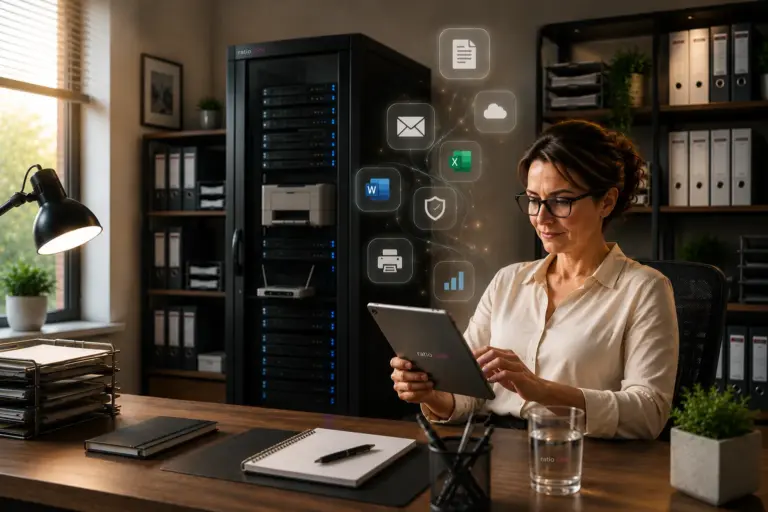 Frau mit Tablet am Schreibtisch neben einem Serverschrank und Symbolen für Büroanwendungen und Drucken