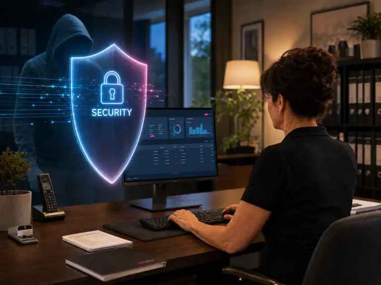 Frau am Computer neben einem leuchtenden Schutzschild mit Schloss als Symbol für IT-Sicherheit