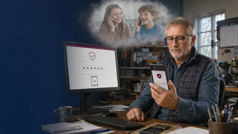 Mann mit Smartphone vor einem Computer mit Passwortfeld als Symbol für Passwortsicherheit.