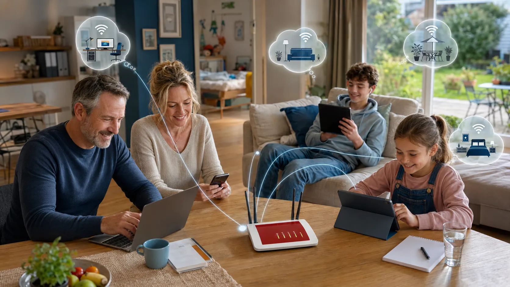 WLAN Probleme lösen: Illustration einer Familie mit Router, Laptop, Smartphone und Tablets